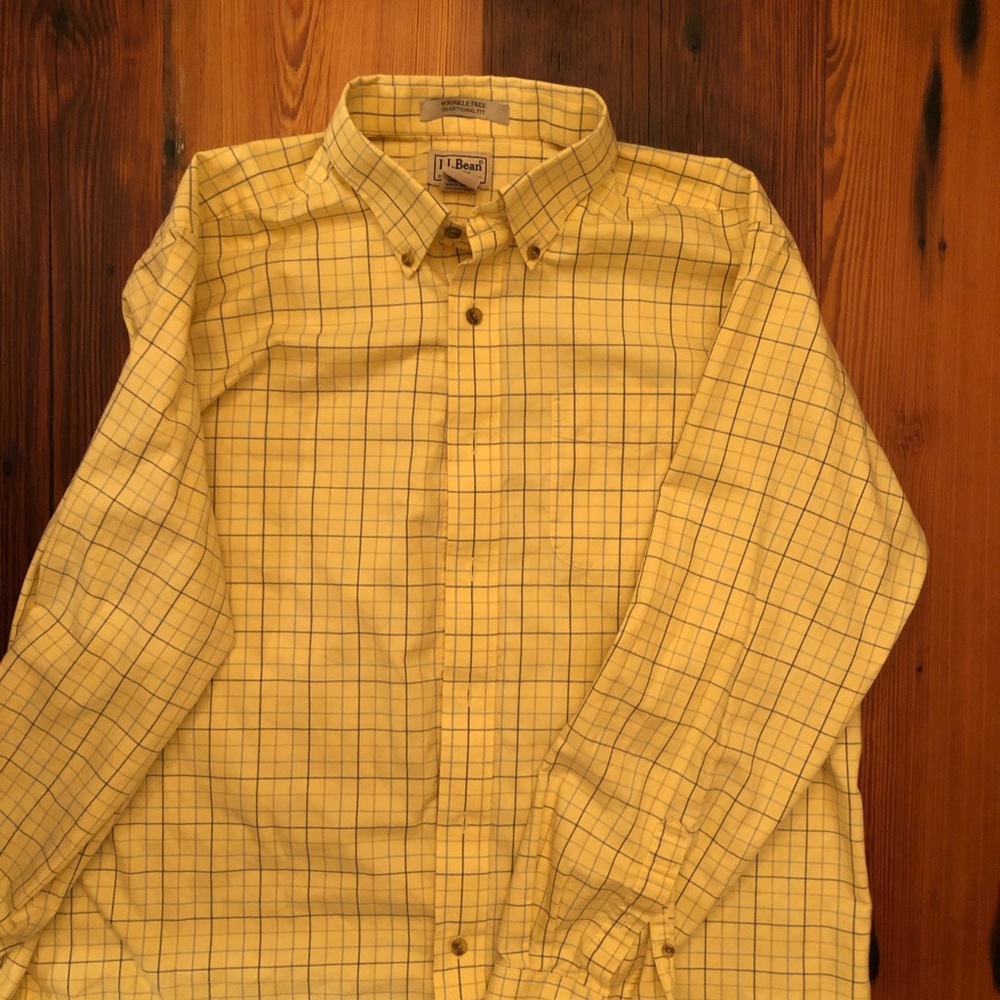 LL Bean no-wrinkle button up, yellow check L